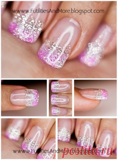 Purple, white, and silver glitter french tip