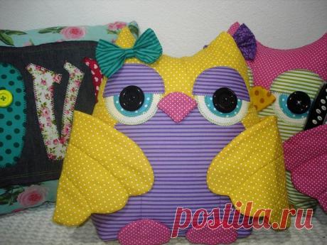 Совы - игрушки, подушки с кармашками, аппликации