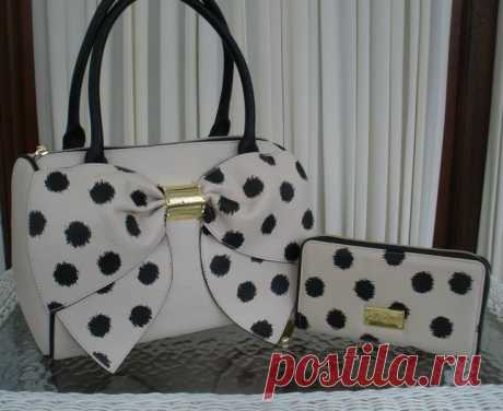 Betsey johnson bow nanza satchel purse handbag ikat dots &amp; wallet bone black nwt