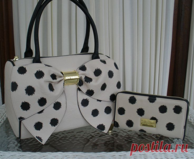 Betsey johnson bow nanza satchel purse handbag ikat dots & wallet bone black nwt