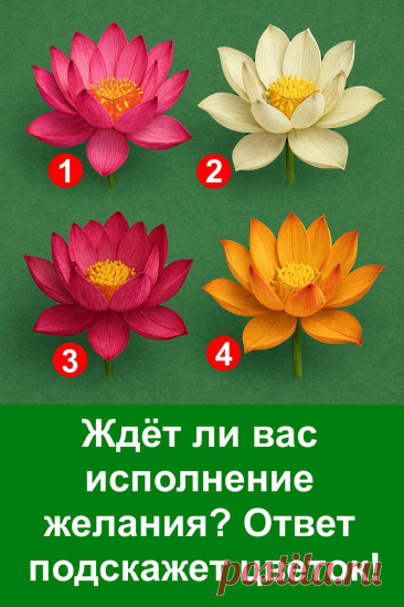 Выберите один из четырёх красивых лотосов и узнайте, исполнится ли ваше заветное желание. Этот простой, но глубокий тест подскажет, на каком вы пути, как близко исполнение и что может помочь. Статья легко читается, помогает задуматься и получить ответ от интуиции. Попробуйте — всё, что нужно, уже перед вами.