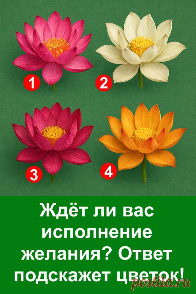 Выберите один из четырёх красивых лотосов и узнайте, исполнится ли ваше заветное желание. Этот простой, но глубокий тест подскажет, на каком вы пути, как близко исполнение и что может помочь. Статья легко читается, помогает задуматься и получить ответ от интуиции. Попробуйте — всё, что нужно, уже перед вами.
