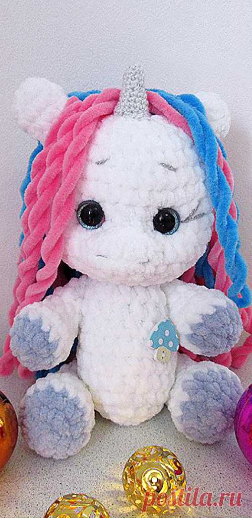 PDF Единорог крючком. FREE crochet pattern; Аmigurumi animal patterns. Амигуруми схемы и описания на русском. Вязаные игрушки и поделки своими руками #amimore - плюшевый единорог, единорожка из плюшевой пряжи.