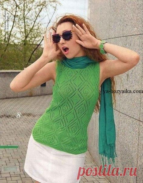 Топ спицами узором ромбы. Летний ажурный топ спицами с описанием. Зеленый топ спицами узором ромбы. Летний ажурный топ спицами с описанием.