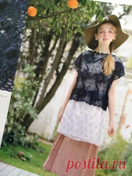 СИНИЙ ТОП - ЖИЛЕТ ИЗ АЖУРНЫХ КВАДРАТОВ