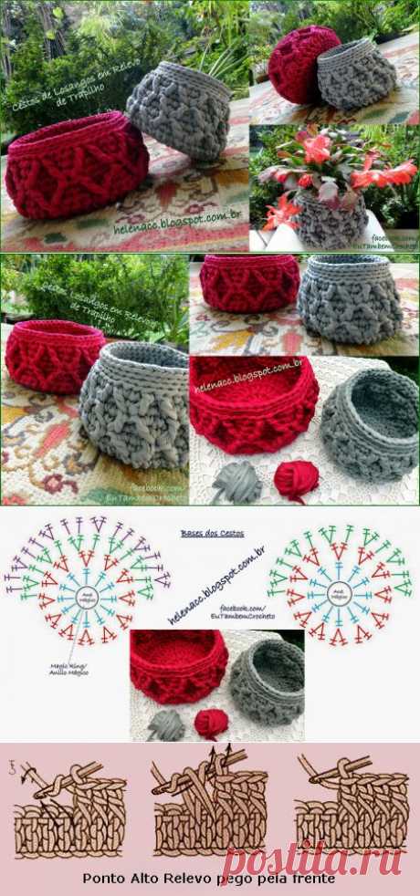 EU TAMBÉM CROCHETO...: Cestos de Losangos em Relevo em Trapilho (Ponto Diamante)