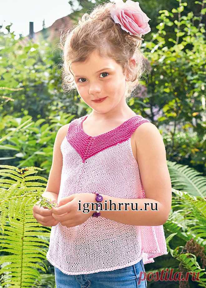 Розовый летний топ для девочки 5-9 лет. Вязание спицами