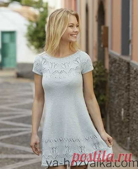 Платье от Дропс спицами с круглой кокеткой. Летнее платье реглан сверху спицами