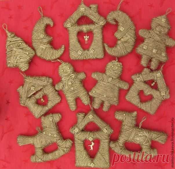 Ёлочные игрушки из картона и шпагата