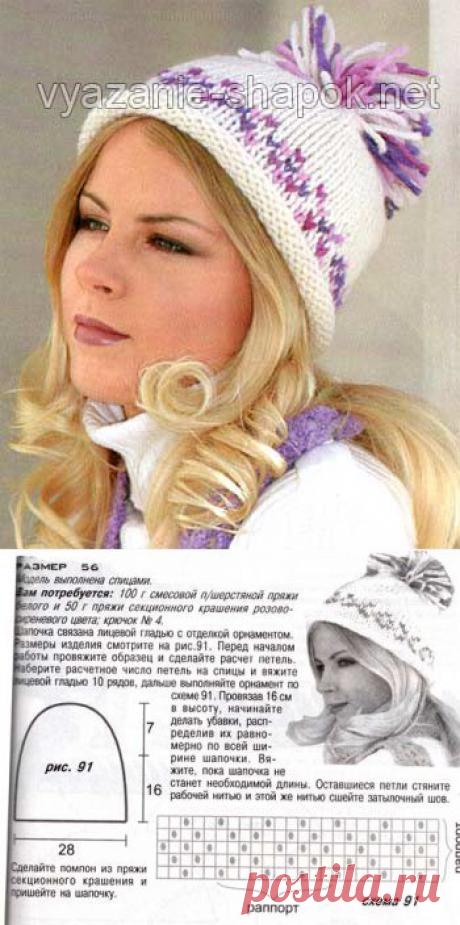 Вязаная шапка спицами с двухцветным узором и помпоном | ВЯЗАНИЕ ШАПОК: женские шапки спицами и крючком, мужские и детские шапки, вязаные сумки