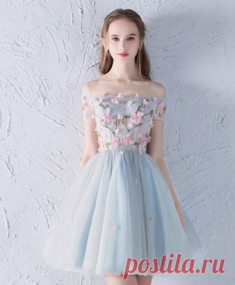 Gray blue tulle lace applique short prom dress, homecoming dress | Arquitectura Tutorial and Ideas