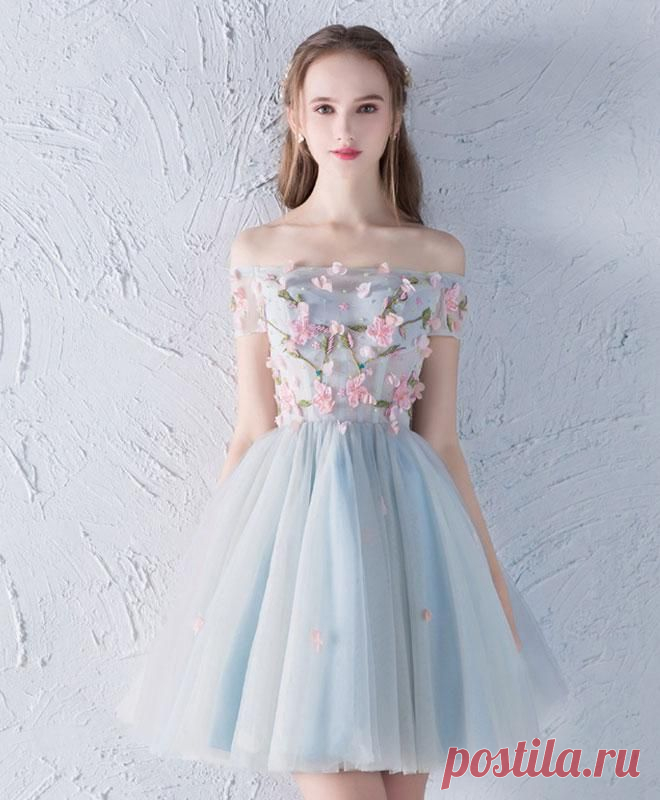 Gray blue tulle lace applique short prom dress, homecoming dress | Arquitectura Tutorial and Ideas