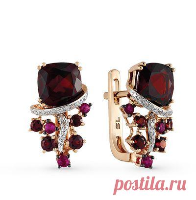 Купить золотые серьги с бриллиантами и рубинами по цене 19990 руб, розовое золото 585 пробы, 6 рубин, 32 бриллианта, смотреть фото и описание 20149 - Sunlight Brilliant