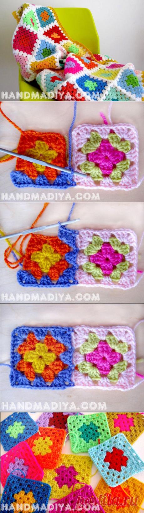 Яркий вязаный плед из квадратных мотивов ~ Для вдохновения