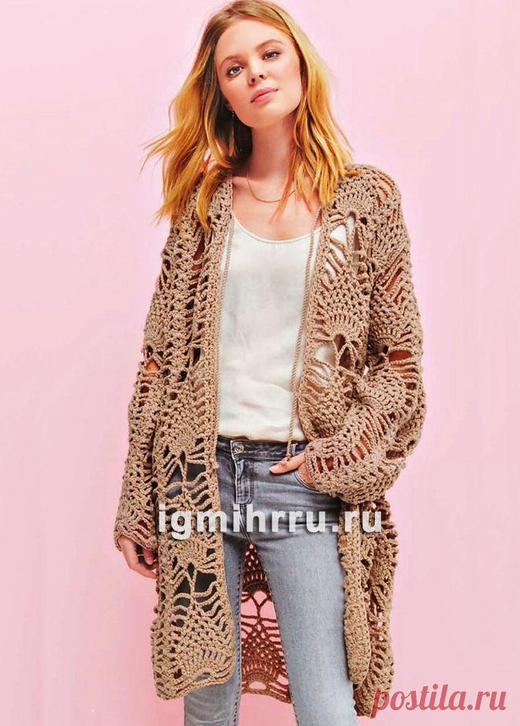 Удлиненный коричневый кардиган с «ананасами». Вязание крючком