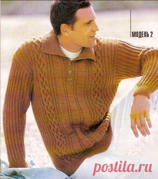 Мужской пуловер с воротником поло. Вязание спицами.