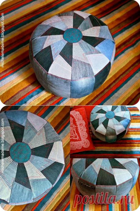 Сшить чехол из лоскутов для круглого пуфика | santa3