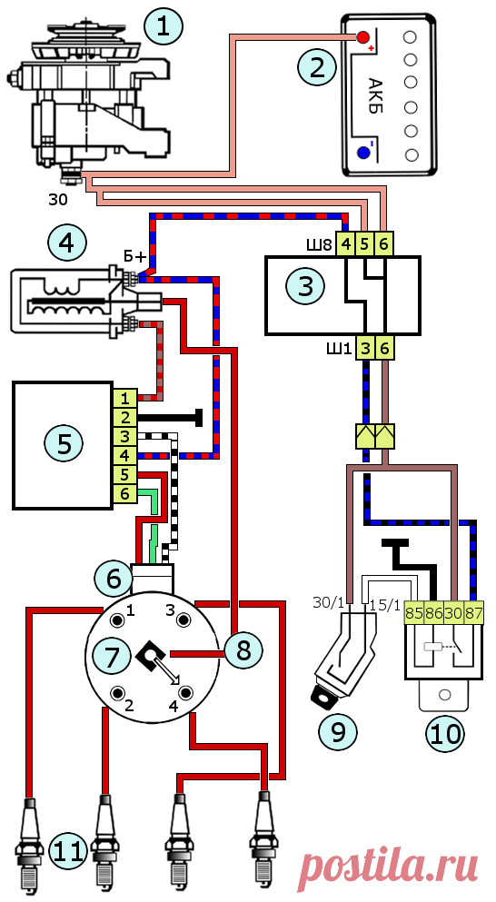 Схема системы зажигания автомобилей ВАЗ 2108, 2109, 21099