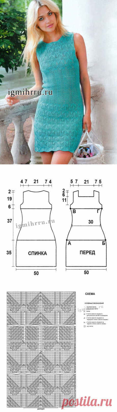 Микс выразительных ажурных узоров. Летнее бирюзовое платье. Вязание спицами