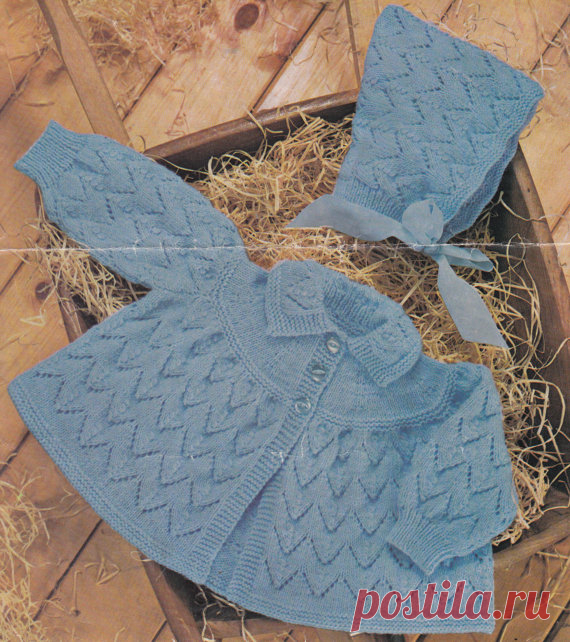 vintage baby toddler knitting pattern for 3 ply matinee coat and pixie bonnet in sizes 20 and 22 inches This item is a PDF file of the knitting pattern for the most gorgeous little matinee coat and pixie bonnet. In sizes 20 to 22 inches, the set will look so cute when worn.    The pattern will be available for download upon receipt of payment, for you to print out or read from your computer.    Traditional and beautiful, knit with 3 ply yarn. A wonderful pattern for heirloom items.