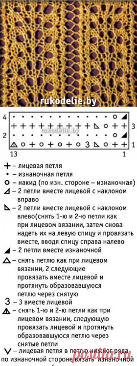 Ажурный фрагмент узора с вертикальными дорожками, вязаный спицами. :: Ажурные узоры :: Схемы и образцы узоров :: Вязание на спицах :: RukoDelie.by