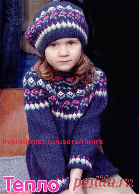 Тепло и красиво! Жакет и шапочка с жаккардами для девочки 7-8 лет (спицы)