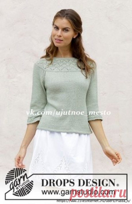 Джемпер Summer Evening

Размеры: S - M - L - XL - XXL - XXXL 
Вам потребуется: пряжа DROPS BABYALPACA SILK от Garnstudio 350-350-400-450-500-500 г цвет 7219, фисташковый; чулочные и круговые спицы (40 + 60 или 80 см) № 3 мм; спицы № 2.5 мм – для горловины. 

Плотность вязания: 24 п. х 32 р. лицевой гладью = 10 см х 10 см. 

Платочная вязка (круговыми рядами): 1 платочный ряд = 2 круговых ряда: 1 ряд лицевых и 1 ряд изнаночных петель. 

Равномерные прибавки: 
Для выполнения...