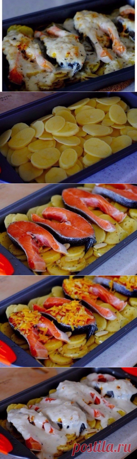 Как приготовить форель под чесночным соусом, запеченная на картофельной подушке - рецепт, ингридиенты и фотографии