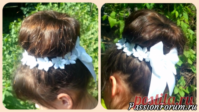 Украшение канзаши из узкой ленты на пучок. Минимум затрат. Мастер-класс