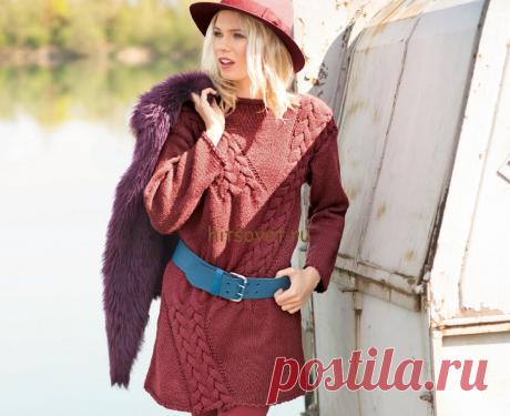 Туника с косами спицами - Хитсовет Туника с косами спицами. Модная модель женской туники с эффектными диагональными косами с описанием и схемой вязания. Вам потребуется: 750 (800) грамм красно-коричневой пряжи, состоящей из 50% натуральной шерсти, 50% полиакрила; длиной нити 80 метров в 50 граммах ; спицы № 5; круговые спицы № 5.