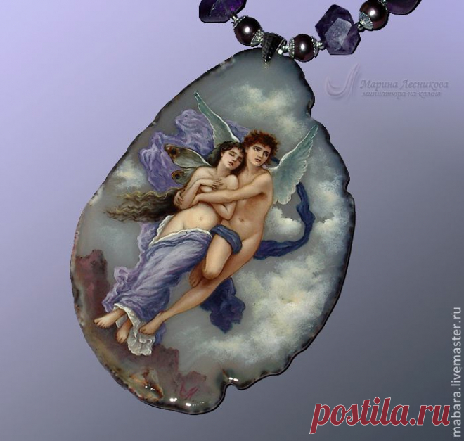Кулон-колье "Похищение Психеи" - сиреневый,дымчатый,роспись по камню,ручная роспись
