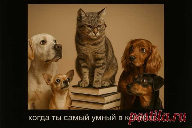 Котик-ученый и растерянные псы. Изображение из нейронной сети Sora images Ai - Sora Images примеры промтов - Форум ИИ о нейросетях - Yes Ai