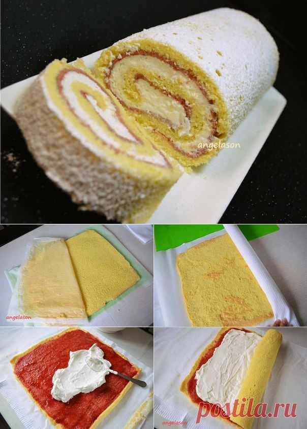БИСКВИТНЫЙ РУЛЕТ С КЛУБНИЧНЫМ ПЮРЕ И СЛИВОЧНЫМ КРЕМОМ