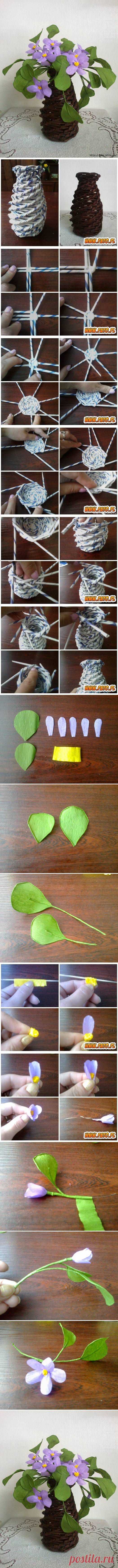 DIY Beautiful Paper Vase and Purple Flowers | iCreativeIdeas.com