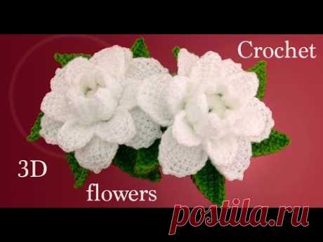 Como hacer flores gardenias 3D con hojas a Crochet tejido tallermanualperu