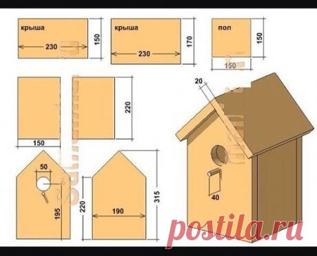 #ПоделкиДляДачи
 Как сделать скворечник своими руками
Стандартный деревянный скворечник включает в себя набор деталей с определенными размерами. Сюда входят боковые стенки – 2 шт. размером 20х35 см, а также задняя и передняя стенка с размерами 16х35 см. Дно имеет размеры 16х16 см, а крышка – 20х25 см.
Кроме того, нужно заранее подготовить жердочку, длиной 4 см и диаметром 10 мм. Вместо жердочки иногда используется полочка с наиболее удобными размерами. После того как все детали размечены, начин