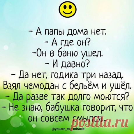 Image may contain: text that says '-а папы дома нет. A где он? -он в баню ушел. и давно? -да нет, годика три назад. взял чемодан с бельём и ушёл. -да разве так долго моются? знаю, бабушка говорит, что совсем смылся... @youare_my_miracle'