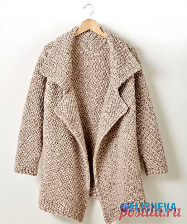 Стильный кардиган с крупной зернистой вязкой Lapel Cardigan от Patons вязаный спицами.