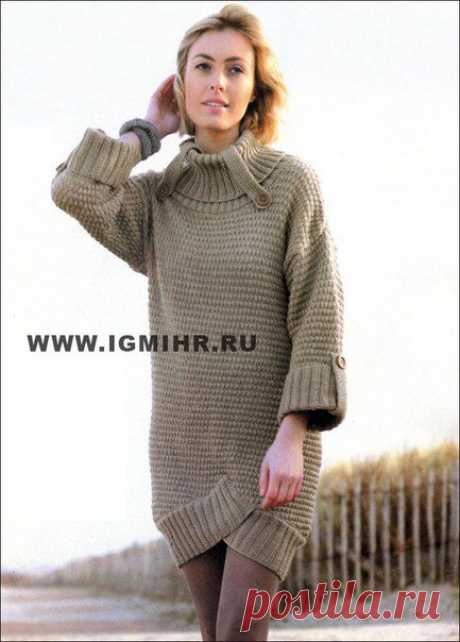 Стильная туника с высоким воротником. Спицы..