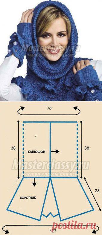 Воротник с капюшоном спицами. Описание вязания