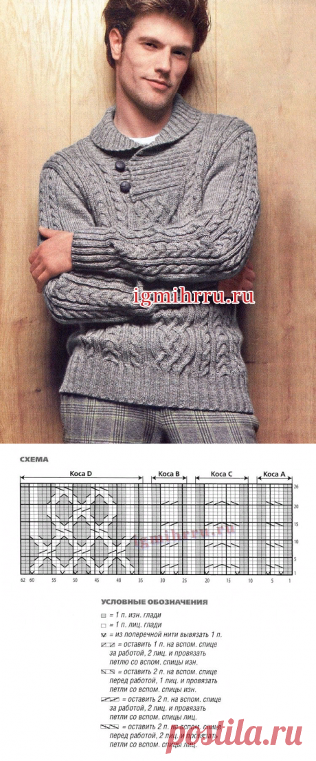 Мужской пуловер с воротником на пуговицах и узорами из «кос». Вязание спицами для мужчин