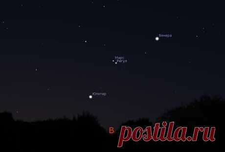 Завтра утром планета Марс (+1,8 зв.вел) будет находится в 45 угл.минутах севернее звезды Регул (Альфа Льва; +1,35 зв.вел). Смотреть нужно в 4:30-5:00 по мск. / Astro Analytics