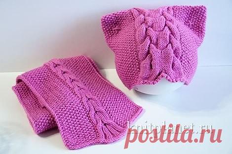 Шапка Кошка для девочки (Вязание спицами) | Журнал Вдохновение Рукодельницы