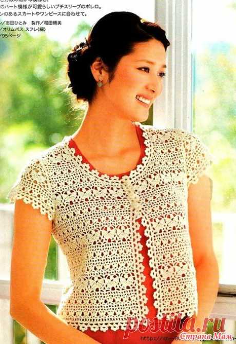 Укороченный ажурный жакет красивым узором. Крючок. Lets knit series NV 80254 2012.