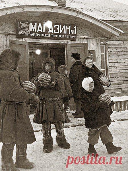 Торговля арбузами на Крайнем Севере. Поселок Амдерма на берегу Карского моря, Ненецкий Автономный округ,РСФСР, СССР. 1952 год. / История цивилизаций!