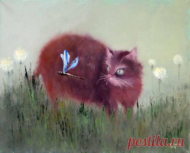 Художник Лукина Елена . Котик и стрекоза.