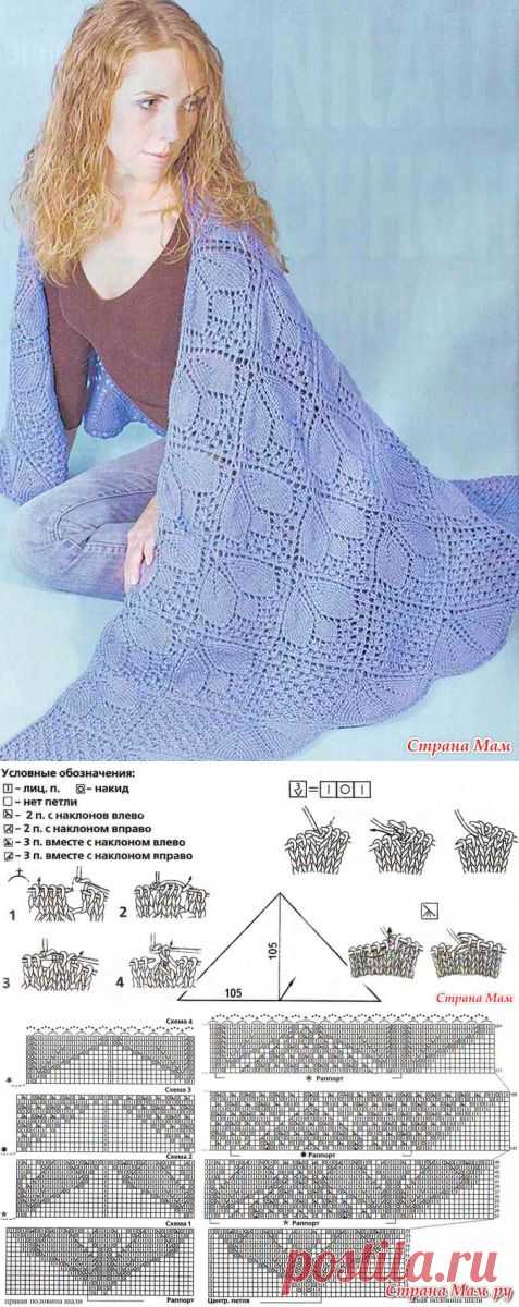 Шаль спицами узором из листьев