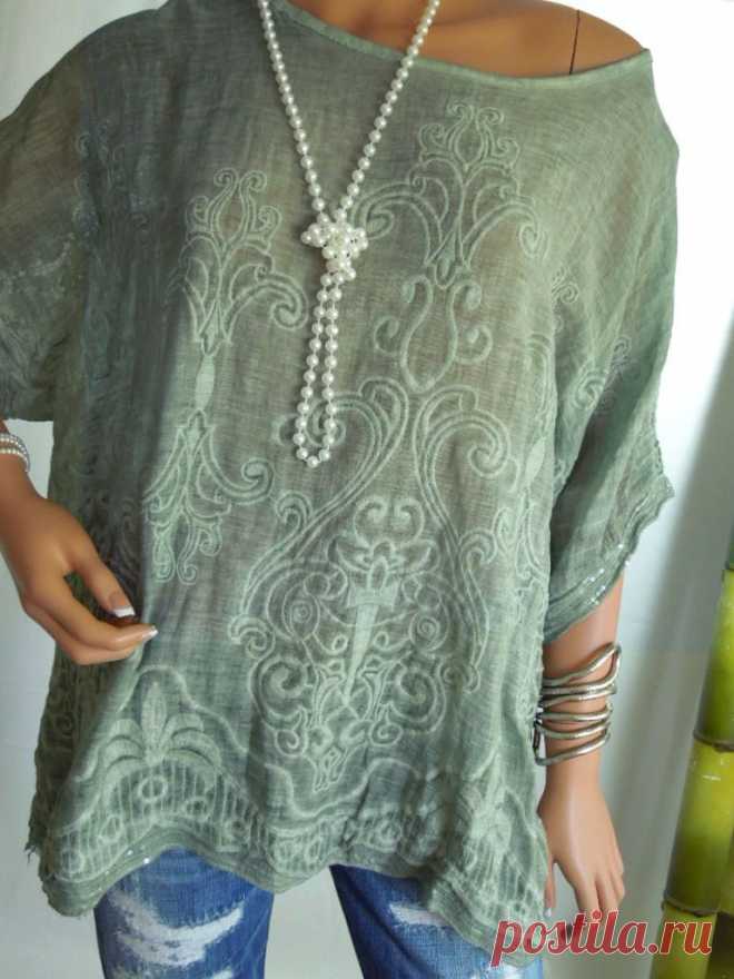 OVERSIZE TUNIKA PAILLETTEN Kette Stickerei 40 42 44 IMPRESSIONEN Shirt Oliv Grün | eBay