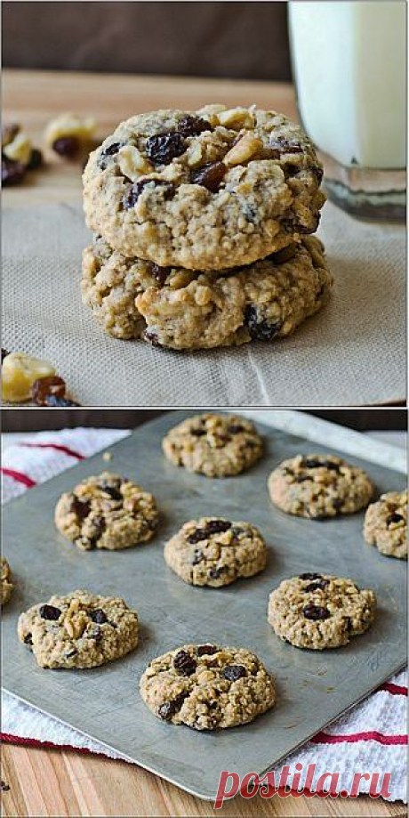 Овсяное печенье с изюмом, орехами и корицей
Ингредиенты:
225 г размягченного сливочного масла
1 стакан коричневого сахара
1/2 стакана сахара-песка
2 яйца
1 чайная ложка экстракта ванили
1,5 стакана муки
1 чайная ложка соды
1,5 чайных ложки молотой корицы
1/2 чайной ложки соли
3 стакана геркулеса
1 стакан изюма
1 стакан нарубленных грецких орехов