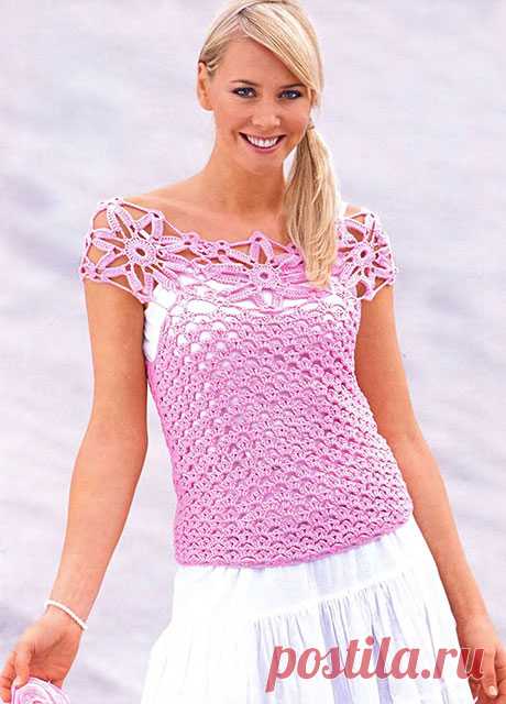 2 розовых топа с цветочной кокеткой крючком – схемы вязания и описание из разной пряжи